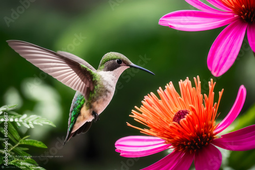 Digital wildlife photo of a Hummingbird flying and aiming on a flower nectar in a tropical rainforest. Wildlife concept of ecological environment. Generative AI