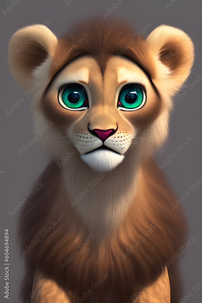 Portrait of a cute lion cub with huge green eyes. Creative portrait of a wild animal on a gray background. Anthropomorphic animal, generative artificial intelligence