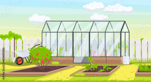 Backyard garden with cultivated soil, shovel and pitchfork, watering can and wheelbarrow, fence and country house on background. Vector gardening equipment, lawn with growing plants, potted flowers