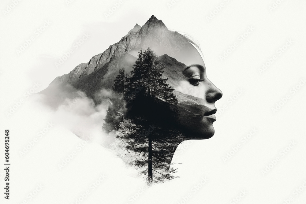 Ethereal beauty of a woman's head merges seamlessly with the majestic landscape of mountains. Ai generated Ethereal beauty of a woman's head merges seamlessly with the majestic landscape of mountains. Ai generated