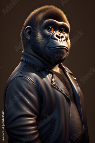 Portrait of a gorilla in a leather jacket, rockstar. Creative portrait of a wild animal on a dark background. Antropomorphic animal, generative ai