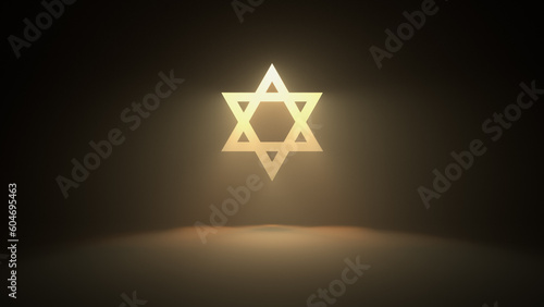 Shining symbol of Judaism Star of David on the wall with warm yellow rays of light - 3D illustration