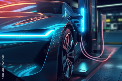 Modern futuristic concept of an electric EV car charging station. Experience the seamless blend of advanced technology and sustainable transportation. Ai generated © twindesigner