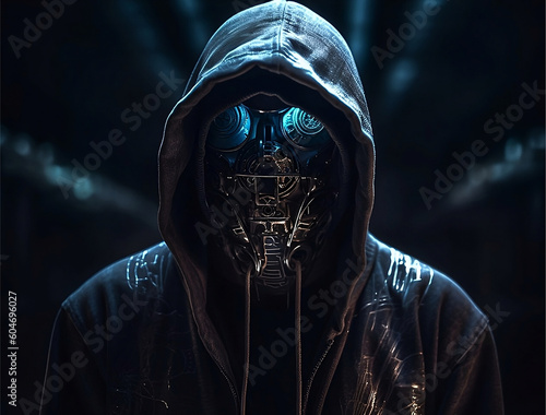 Man wearing a hoodie and a mask in the dark, cyberpunk art, computational art, darksynth, future technology. photo