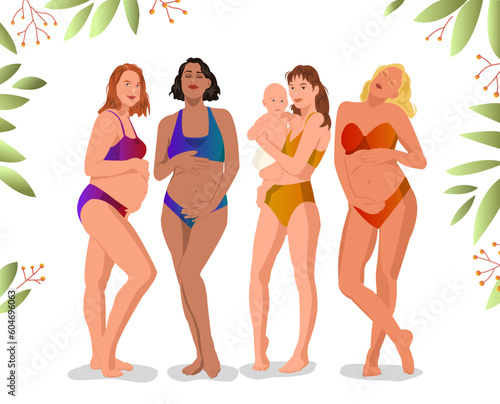 Set of different young pregnant women in swimsuit. Pregnancy in summer time on beach resort. Fashion look with different hairstyles and color of bikini. Happy healthy motherhood. Vector illustration