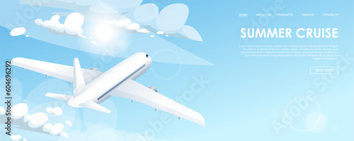 Summer cruise banner with airplane in clouds on blue sky background. Travel concept. Booking service or travel agency sign. Air transportation. Flight tickets. Advertising poster. Vector illustration