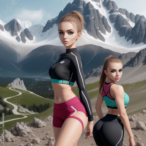 Sporty women hiking in the mountains on a nice day.