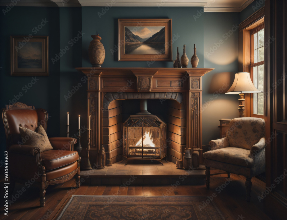 living room interior with fireplace - generative AI living room interior with fireplace - generative AI