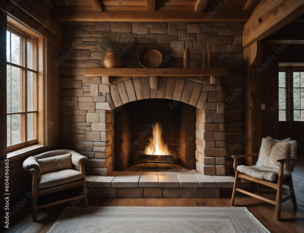 fireplace with burning logs - generative AI fireplace with burning logs - generative AI