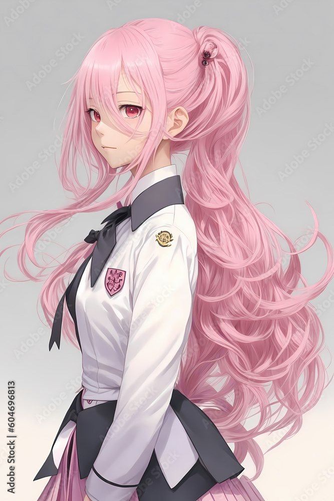 cute anime gril with long curly pink hair, white decent background and traditional school uniform, digital wallpaper illustration cute anime gril with long curly pink hair, white decent background and traditional school uniform, digital wallpaper illustration