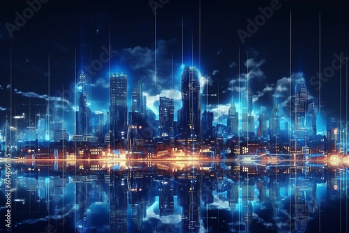 Futuristic city skyline at night. Skyscrapers pierce the sky  casting their vibrant glow onto a bustling metropolis below. Ai generated