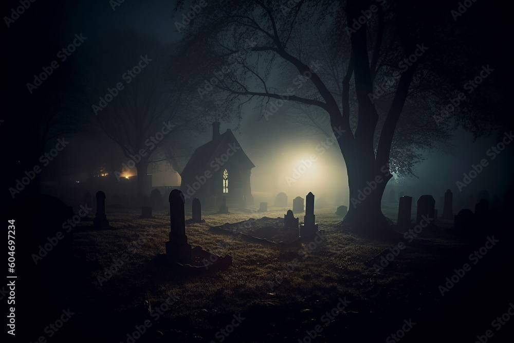 Dark graveyard at night, shrouded in thick fog and an eerie horror atmosphere. Ai generated