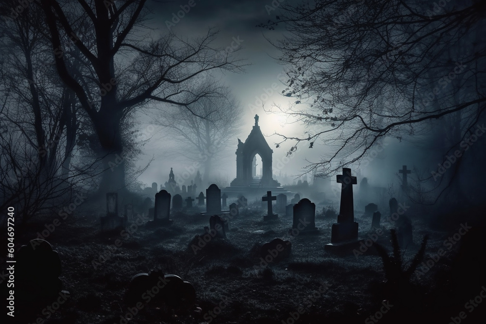 Dark graveyard at night, shrouded in thick fog and an eerie horror atmosphere. Ai generated Dark graveyard at night, shrouded in thick fog and an eerie horror atmosphere. Ai generated