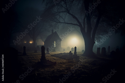 Dark graveyard at night, shrouded in thick fog and an eerie horror atmosphere. Ai generated © twindesigner