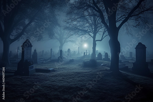Dark graveyard at night, shrouded in thick fog and an eerie horror atmosphere. Ai generated © twindesigner