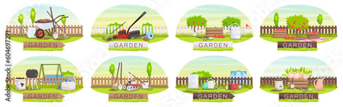 Backyard garden set collection with cultivated soil, shovel, pitchfork, watering can, wheelbarrow, fence. Colorful gardening images or icons with lawn isolated on white background. Vector illustration