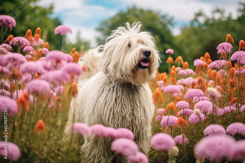 Adorable white komondor or hungarian sheepdog standing in flower garden with his tongue out. Generative AI. photo