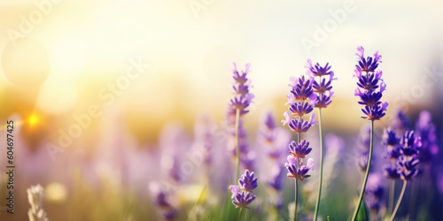 Lavender field in the morning. Lavender flowers. Beautiful Floral background for greeting card for Birthday, Wedding, Mother's day. Generative ai illustration