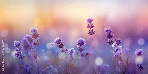 Lavender flowers. Purple Lavender field, blurred background. Beautiful Floral background for greeting card for Birthday, Wedding, Mother's day. Generative ai illustration