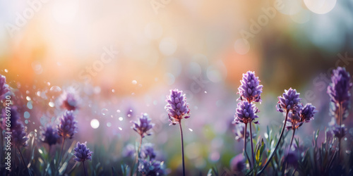 Purple lavender flowers in a field, blurred background, bokeh. Beautiful Floral background for greeting card for Birthday, Wedding, Mother's day. Generative ai illustration