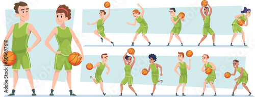 Basketball. Male and female people sports characters playing at sport games athlete activities exact vector basketball persons