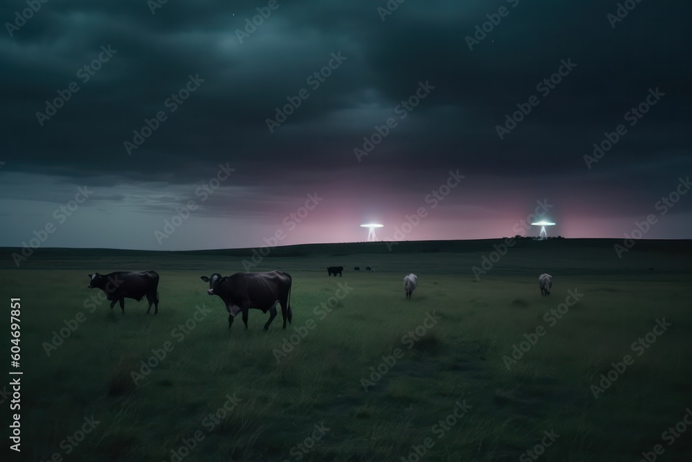 UFO, alien spacecraft with a blue beam of light, hovered over the field and farm. realistic illustration. Generative AI UFO, alien spacecraft with a blue beam of light, hovered over the field and farm. realistic illustration. Generative AI
