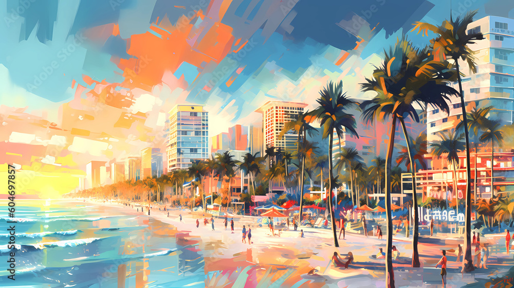 Illustration of a sunny day in an American resort town