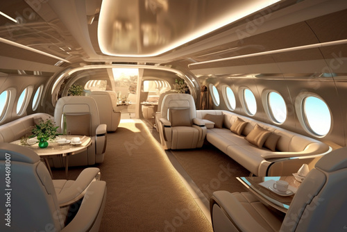 Private jet's futuristic modern interior, where sleek design elements meet unparalleled comfort. Ai generated © twindesigner