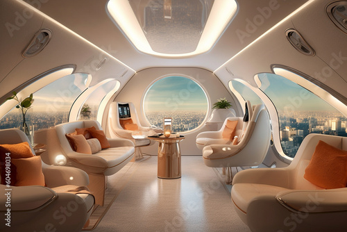 Private jet's futuristic modern interior, where sleek design elements meet unparalleled comfort. Ai generated