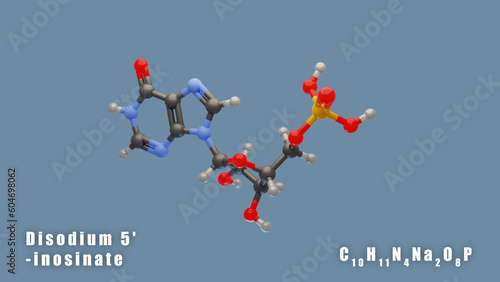 Disodium 5'-inosinate of C10H11N4Na2O8P 3D Conformer Food additive E631. Isolated background © DBA