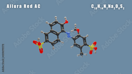 Allura Red AC molecule of C18H14N2Na2O8S2 3D Conformer render. Food additive E129. Isolated background photo