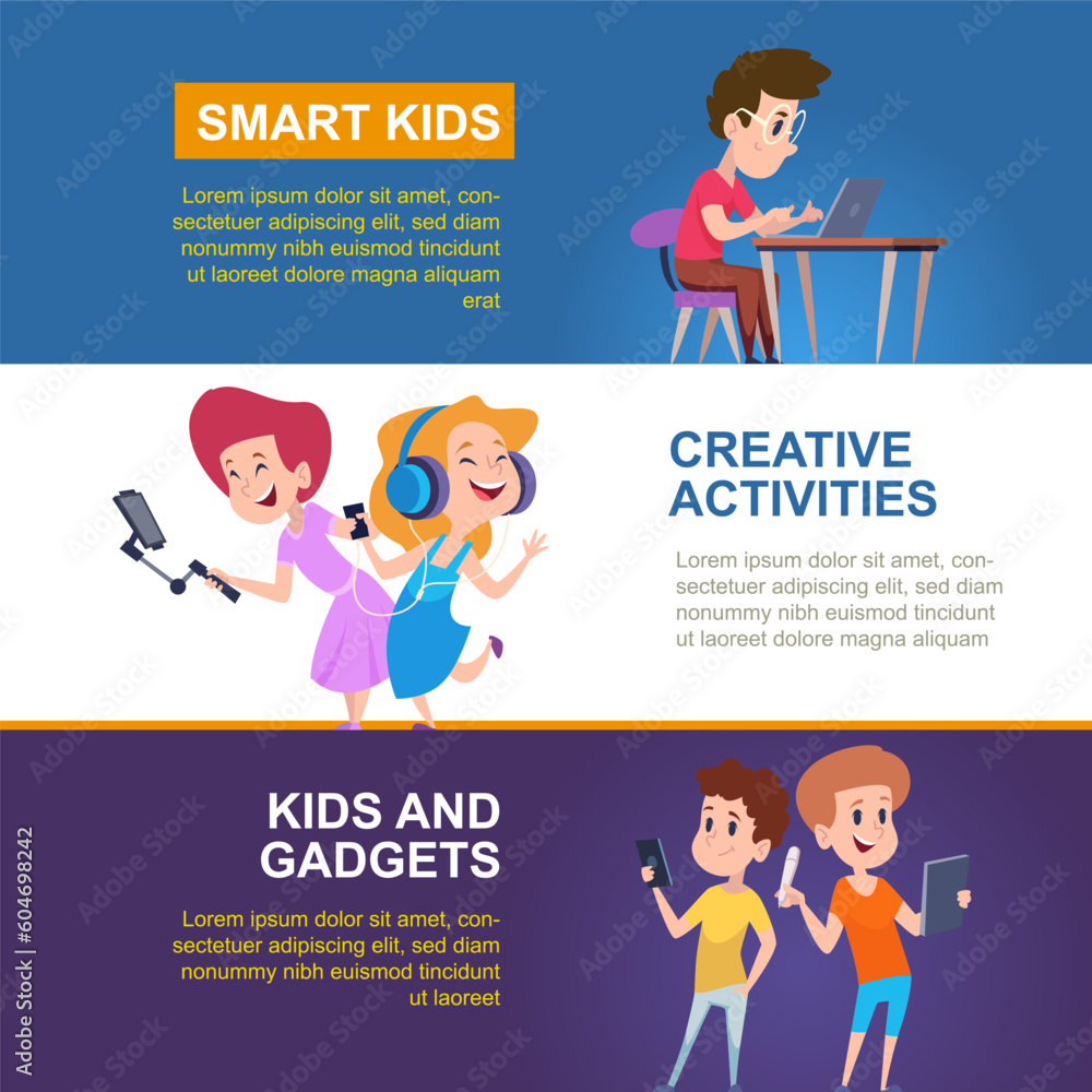 Banners with kids. print design templates with smart kids using gadgets smartphones laptops. Vector set Banners with kids. print design templates with smart kids using gadgets smartphones laptops. Vector set
