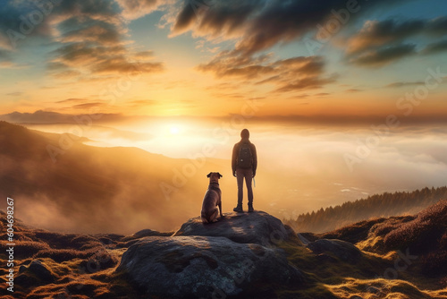 Man and his loyal dog standing on top of a mountain, bathed in the warm glow of a breathtaking sunset. Ai generated