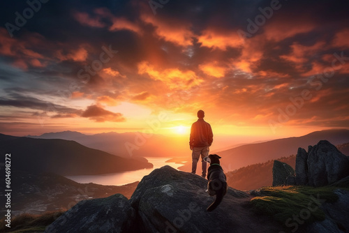 Man and his loyal dog standing on top of a mountain  bathed in the warm glow of a breathtaking sunset. Ai generated