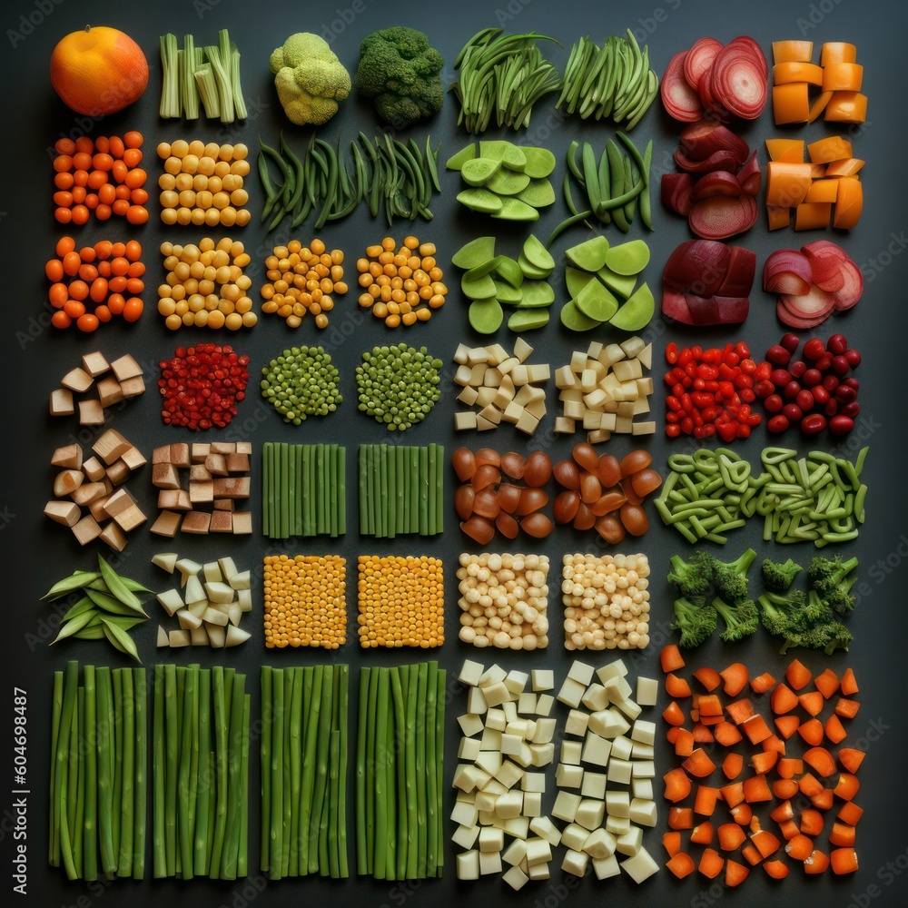 on a dark background, chopped vegetables for salad lie neatly geometrically laid out. Generative AI