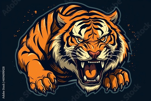 Cartoon character of a fierce tiger with bold stripes. AI