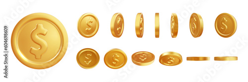  Money symbol, gold and wealth. Business success money, finance budget. Shiny golden coins. Money cash dollar sign render icons set in different shape isolated on white background. Vector illustration
