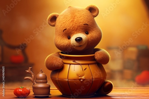 Cute cartoon teddy bear with a honey pot. AI