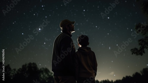 Print op canvas Dads and son look at the night sky, stars and moon, father's day, family