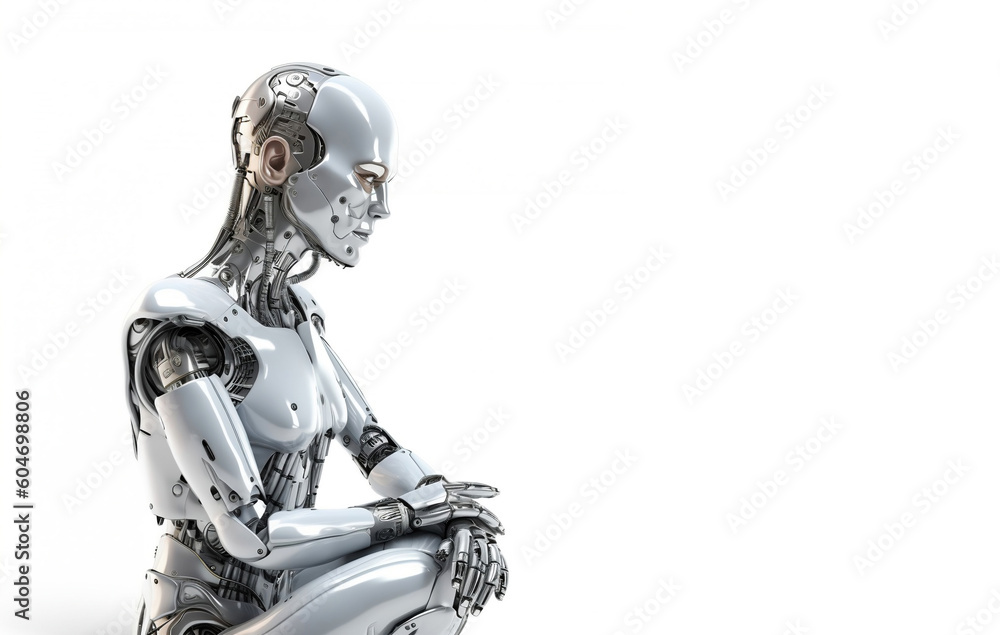 Fototapeta premium White robot thinking, AI concept, future reality. Ai generative illustration 