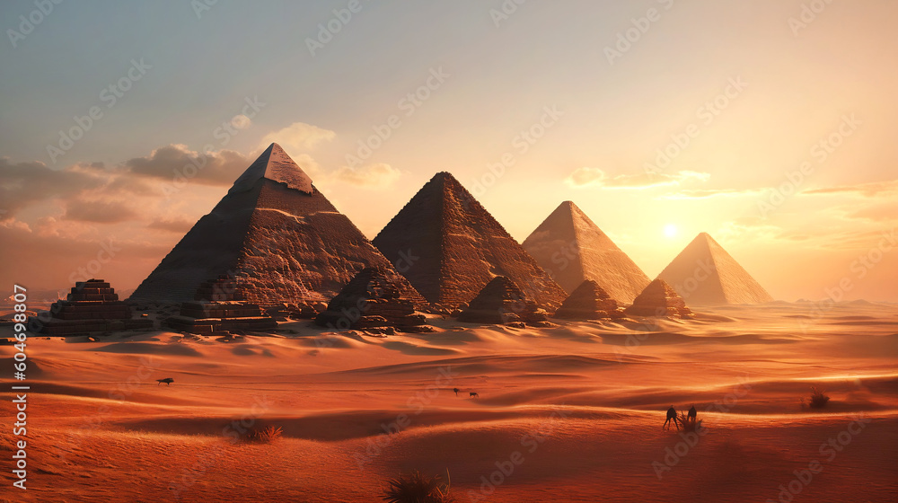 AI generative illustration of Egyptian pyramids at sunset - obrazy, fototapety, plakaty 