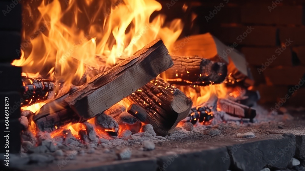 Fototapeta premium Burning tree log close-up as an abstract background. Hot coals of burning wood of a wood fire. Burning wood on the fireplace.The texture of the fiery coals of a campfire. smoldering fire.Generative AI
