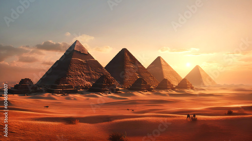 AI generative illustration of Egyptian pyramids at sunset © IRStone
