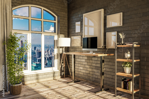 Wallpaper Mural modern standing desk pc workplace in daylight downtown skyline office; home decoration desing and home office concept; 3D Illustration Torontodigital.ca