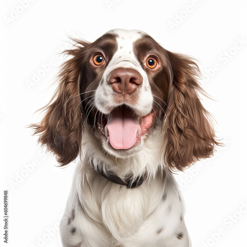 Isolated White Background: Happy Smiling English Springer Spaniel Dog - Stock Image photo