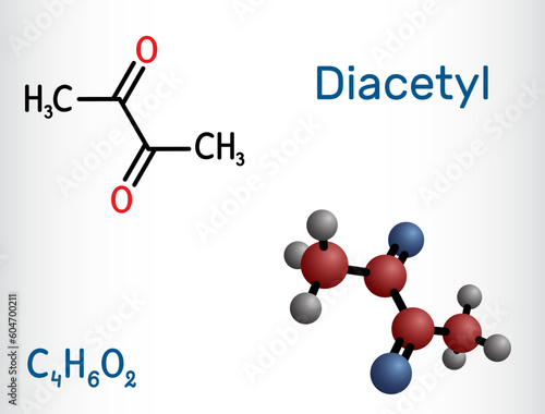 Diacetyl, butanedione molecule. It is occurs  in alcoholic beverages and is added as a flavoring to some foods. Structural chemical formula, molecule model.