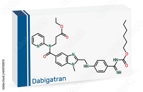 Dabigatran molecule. It is anticoagulant medication. Skeletal chemical formula. Paper packaging for drugs.