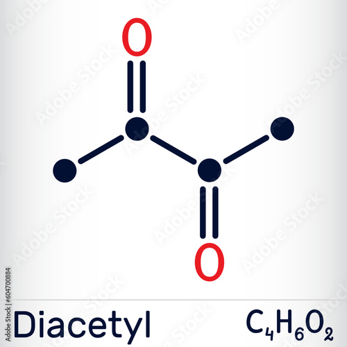 Diacetyl, butanedione molecule. It is occurs  in alcoholic beverages and is added as a flavoring to some foods. Skeletal chemical formula.