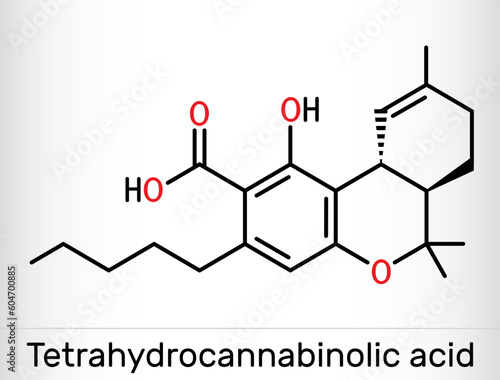 Tetrahydrocannabinolic acid, THCA, tetrahydrocannabinolate molecule. Precursor of tetrahydrocannabinol THC, active component cannabis. Skeletal chemical formula.