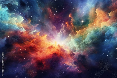 Illustration showcasing a vibrant space nebula. Intricate gas clouds swirl and dance, creating a mesmerizing display of colors. Ai generated
